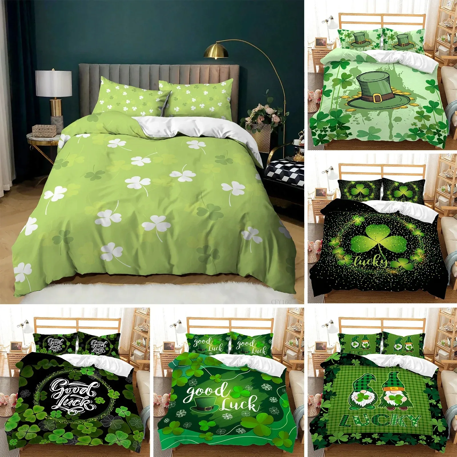 

Lucky Green Leaves King Queen Duvet Cover Four Leaf Shamrock Clover Bedding Set Irish Culture Soft Polyester Quilt Cover