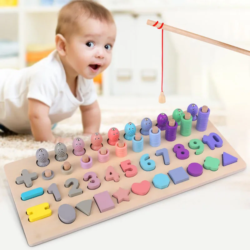 Wooden Montessori Toys Count Numbers Matching Geometric Shape Cognition Puzzle Magnetic Fishing Game Education Toys For 