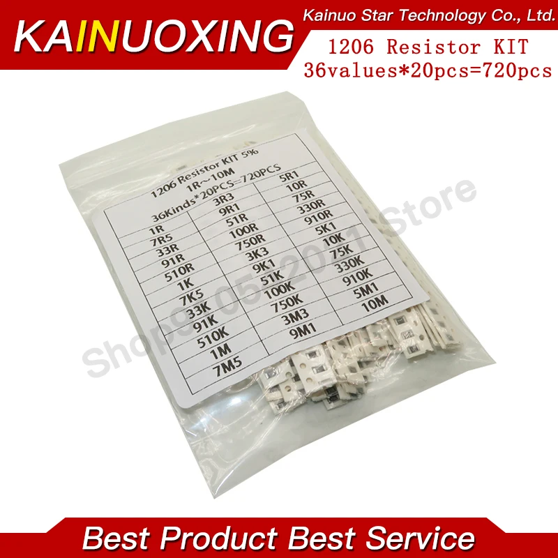 36Value * 20pcs =720pcs 1206 SMD Resistor Kit 1/4W 0.25W 5% 1 ohm~10 Mohm component diy kit new and original