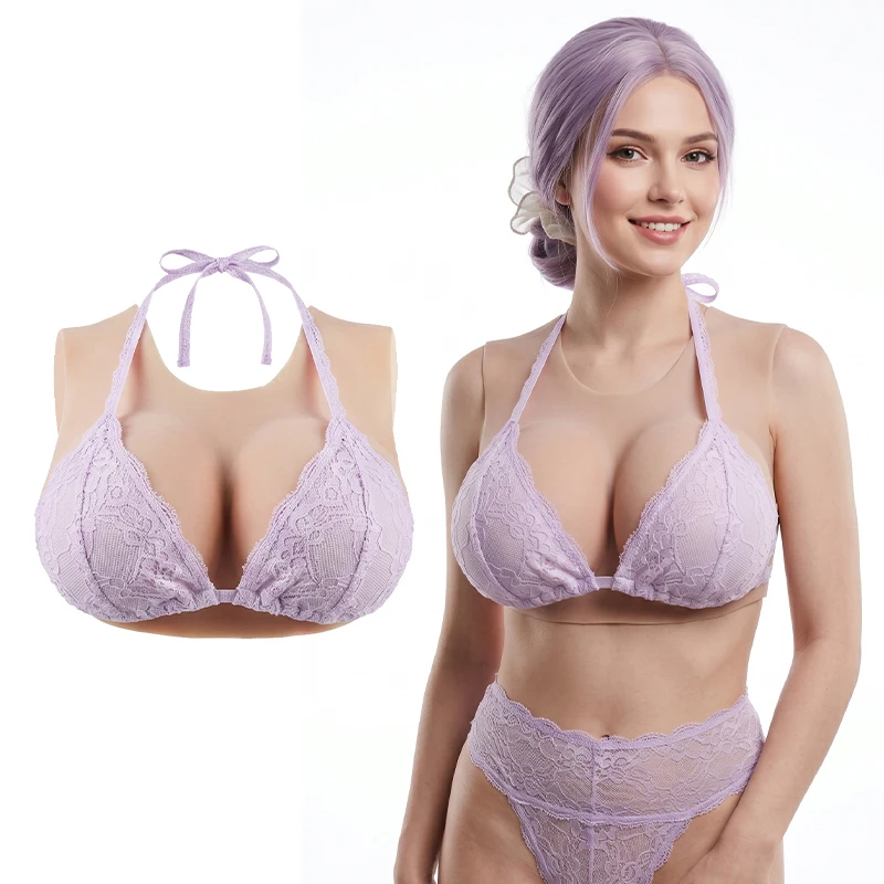 KUMIHO BCDEG Cotton Breast Forms Round Neck Cutout Sissy Fake Boobs Transgender Cosplay Crossdressing Sissy for Men Fake Chest