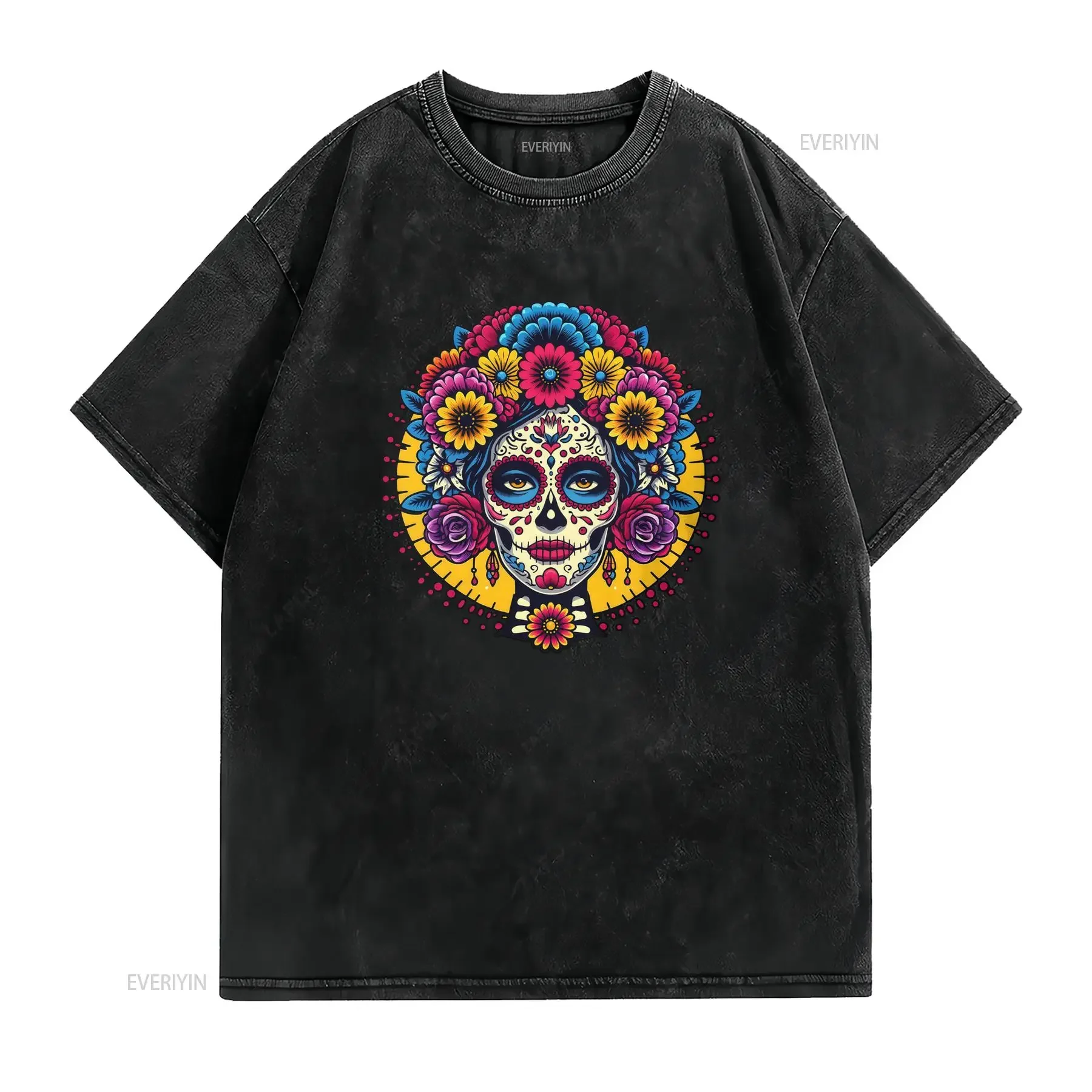 Vibrant Retro Day of the Dead Floral Sugar Skull La Catrina Print Casual Streetwear T Shirt vintage Washed Versatile streetwear