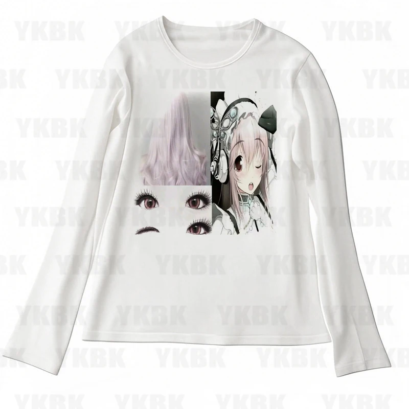 Grafik Harajuku Druck Brief Anime Langarm Damen T-Shirts 90er Jahre Kleidung Vintage Frauen weiblich trashig Y2k 2000er Jahre Tops Gothic