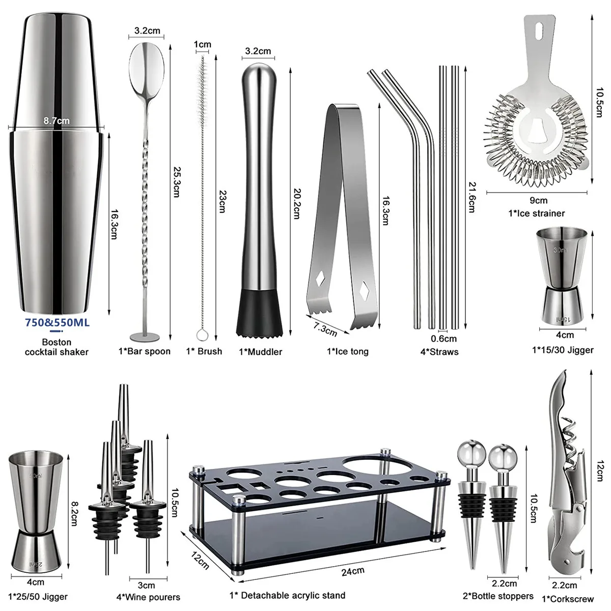 Boston Cocktail Shaker Set 20-Piece Bartender Kit for Home Bar Drink Wine Martini Mixer Cocktail Shaker Bartender Tool 550&750ML