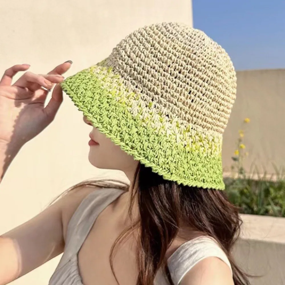 UV Protection Straw Sunshade Hat Fashion Large Eave Dome Sunblock Beach Fisherman Hat Patchwork Straw Visor Hat Female