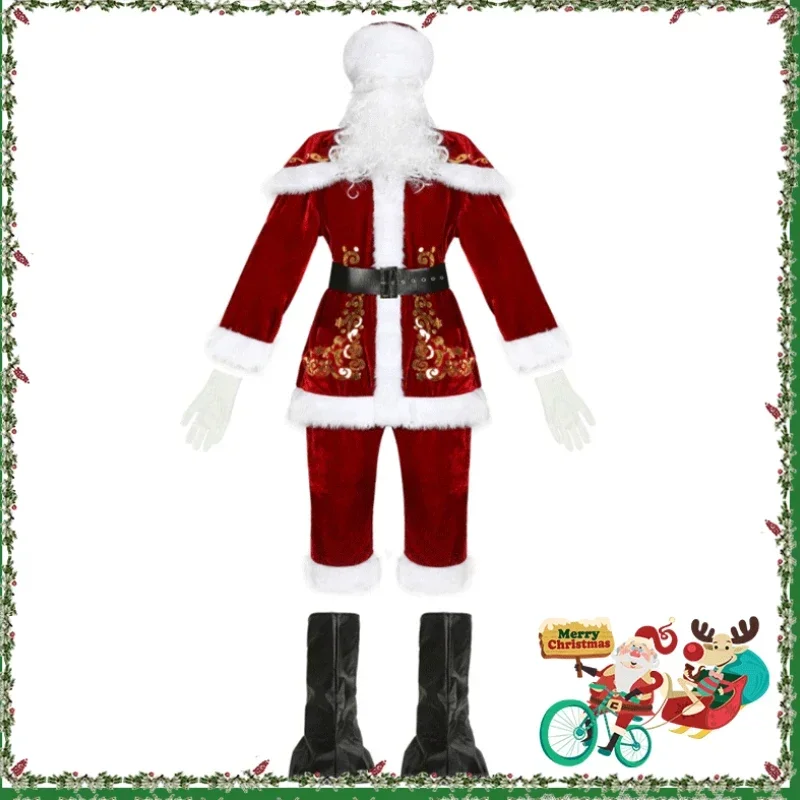 M-6XL Red Deluxe Velvet Christmas Costumes Family Couples Santa Claus Costumes Cosplay Christmas Clothing Adult Dress Women Set