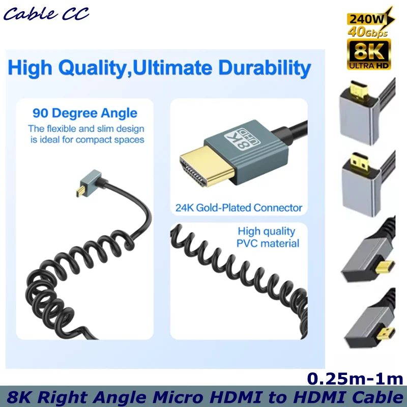 90 Degree Short HD to Micro HDMI-compatible Cable, Coiled HDMI 2.1 Cable 8K@60Hz 48Gbps for Camera/Camcorder/HDTV/Tablet