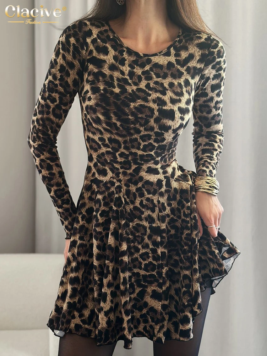 

Clacive Bodycon Leopard Print Women's Dress Fashion Slim O-Neck Long Sleeve Mini Dresses Elegant High Waist Pleated Female Dress