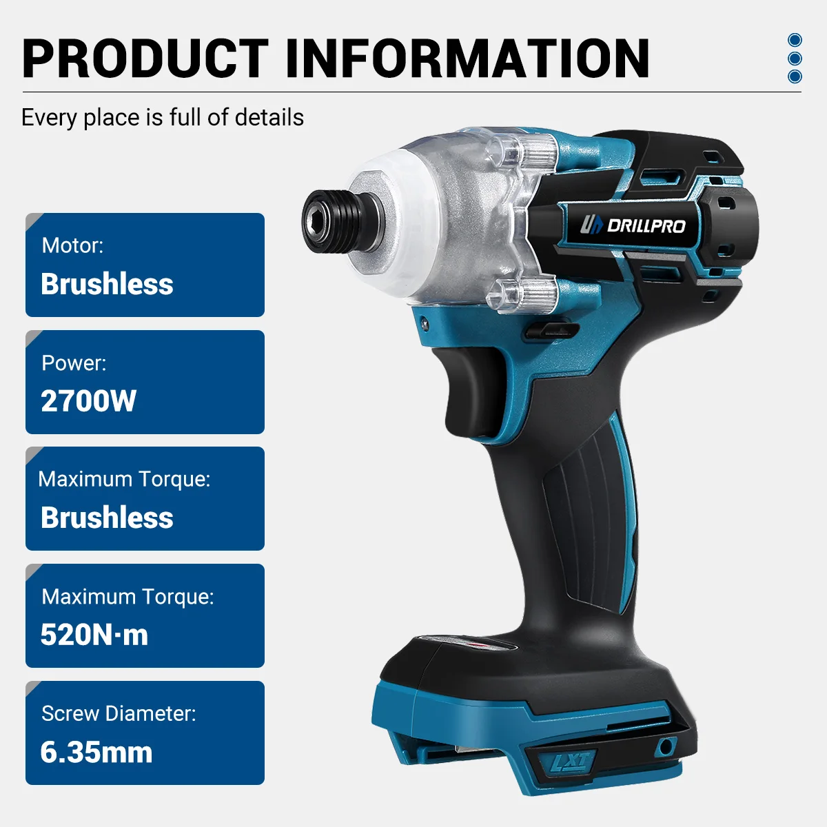 Drillpro 1/4inch Brushless Electric Screwdriver 2700rpm Stepless Speed 520Nm Cordless Electric Drill Tool For Makita 18v Battery