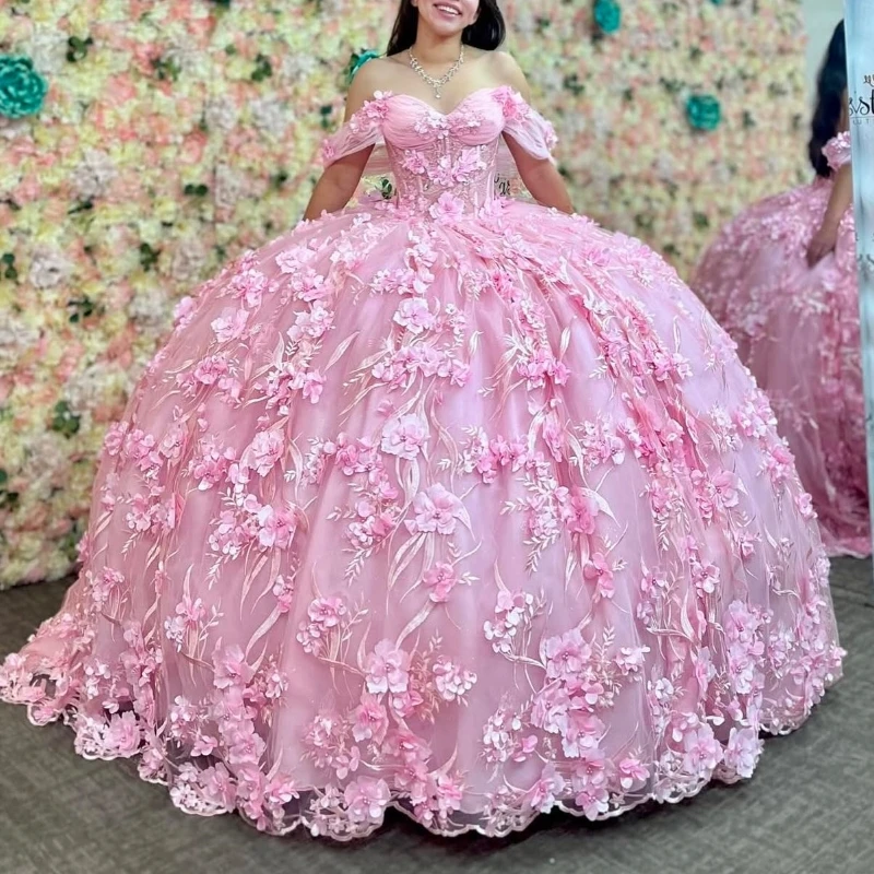 

Pink Quinceanera Dresses Ball Gown Off The Shoulder Applique Flower Beading Tull Party Birthday Sweet 16 Vestidos De 15 Anos