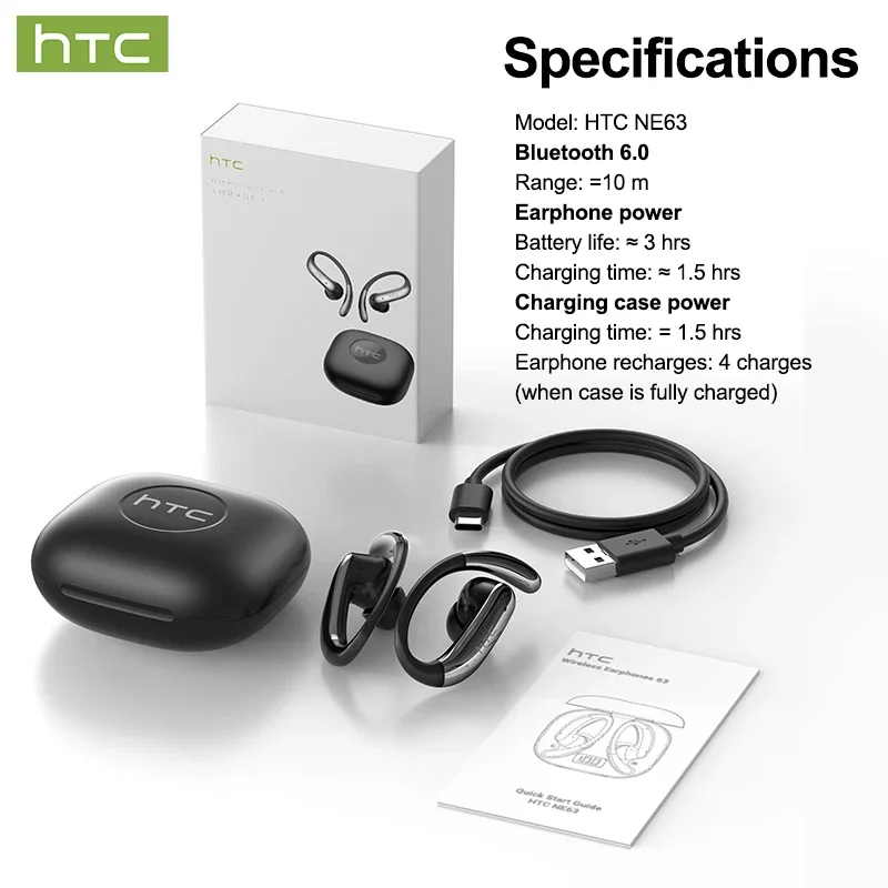 سماعات أذن HTC NE63 بلوتوث V6.0 مزودة بخطاف للأذن، سماعات أذن لاسلكية طويلة العمر ومترجم AI مع ميكروفون #6