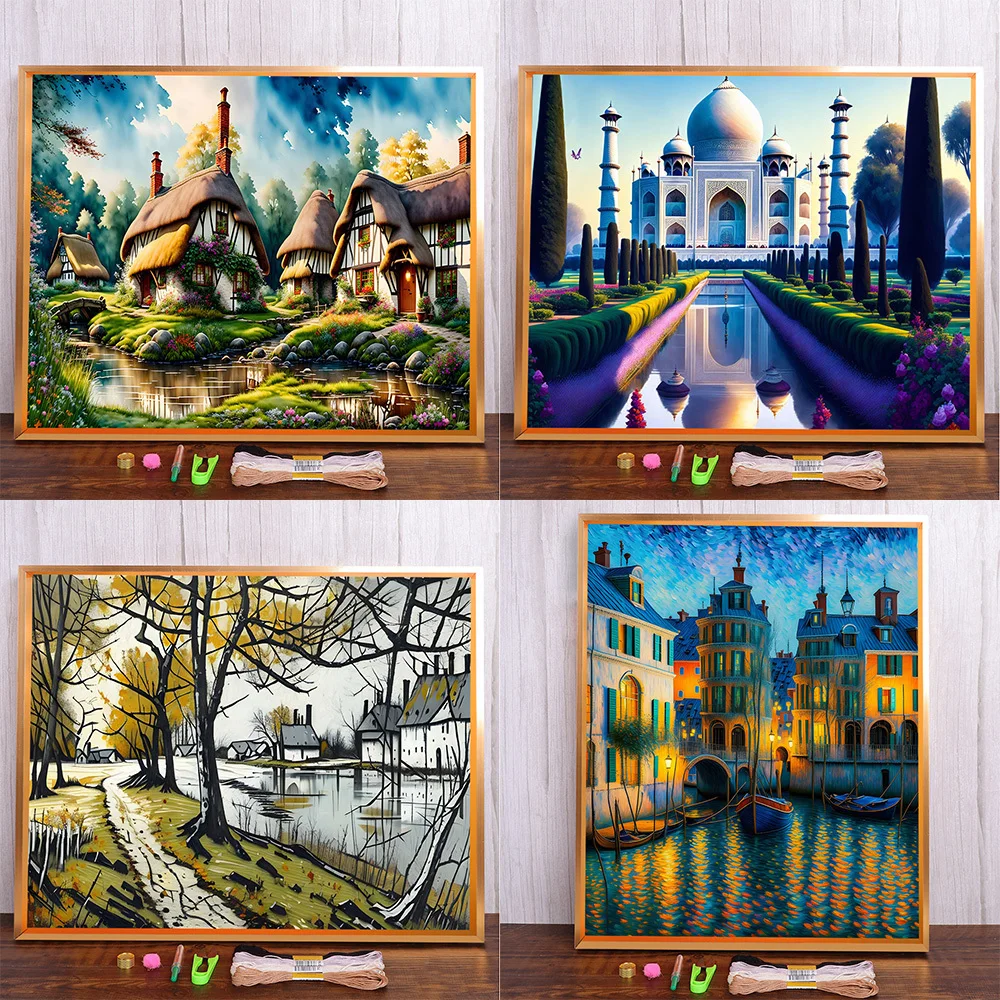 Landscape Cartoon House Printed Fabric Cross-Stitch Full Kit Embroidery Handiwork Handmade Sewing Craft Promotions Package Gift