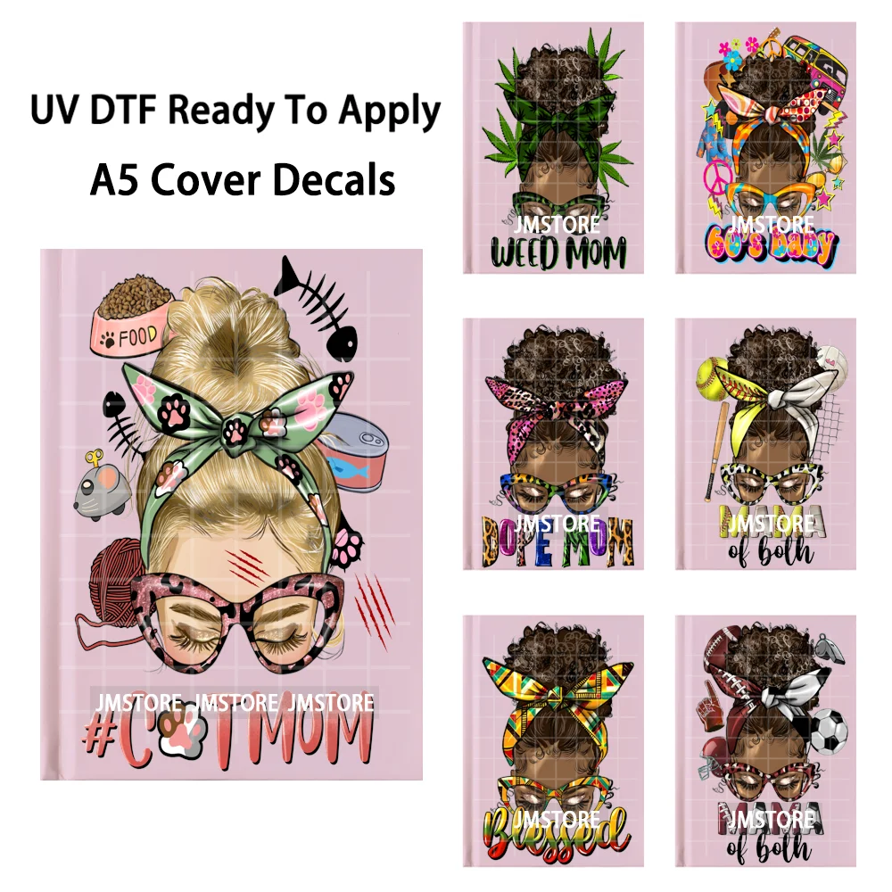 Leopard Afro Messy Bun Mom Life Black Women UV DTF Notebook Cover Decals Ready To Apply Transfer Stickers For A5 Journal Cover