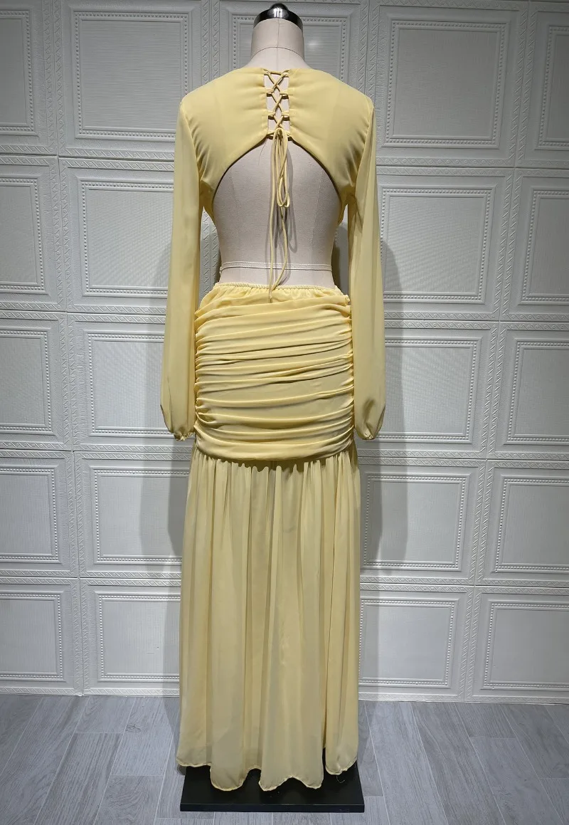 Neue Herbst Plissee Lose Backless frauen Kleid Sexy Unregelmäßige Solide Tiefem V-ausschnitt Langes Kleid Elegante Langarm Hohl Prom Kleid