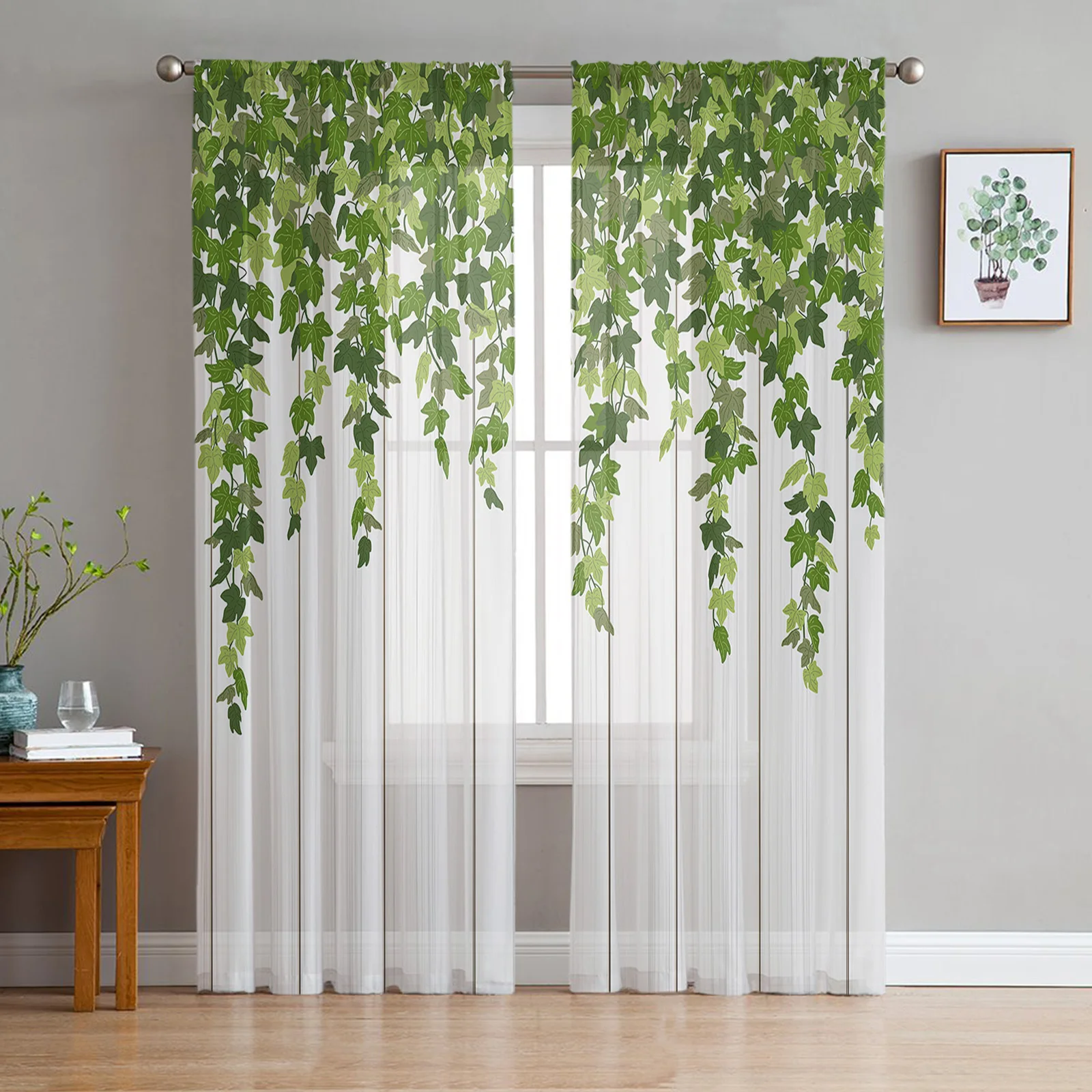 Spring Plant Leaves Rattan Wood Grain Sheer Curtains for Bedroom Living Room Festival Decor Kitchen Tulle Curtain