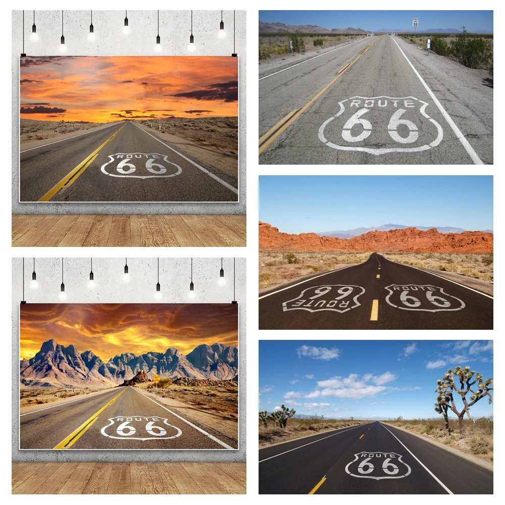USA Route 66 Road Photography Backdrop Old History Blue Sky Sunset Way Natural Scenic Wedding Party Photo Background ﻿Studio
