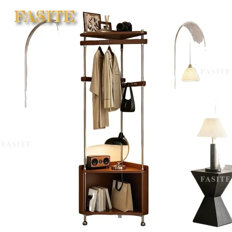 For Solid Wood Floor to Ceiling Coat Rack Corner Clothes Hanger with Shelf Bag Storage Stand Space Saving for Bedroom Living