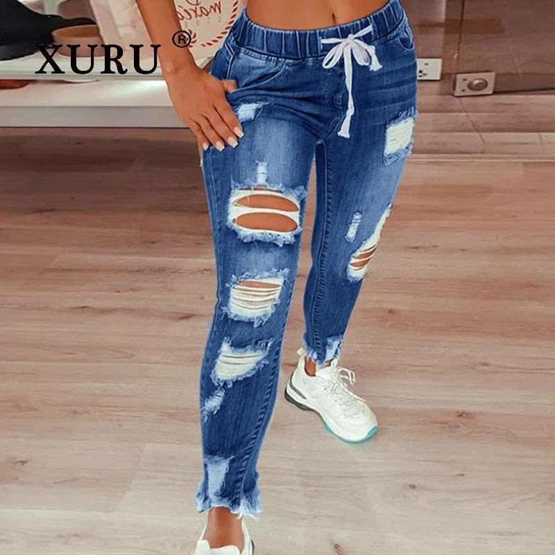 XURU-Slim Fit Show Slim Tear Hole Jeans for Women, Sexy Long Jeans, Hot Selling, Old, European and American, K1-802