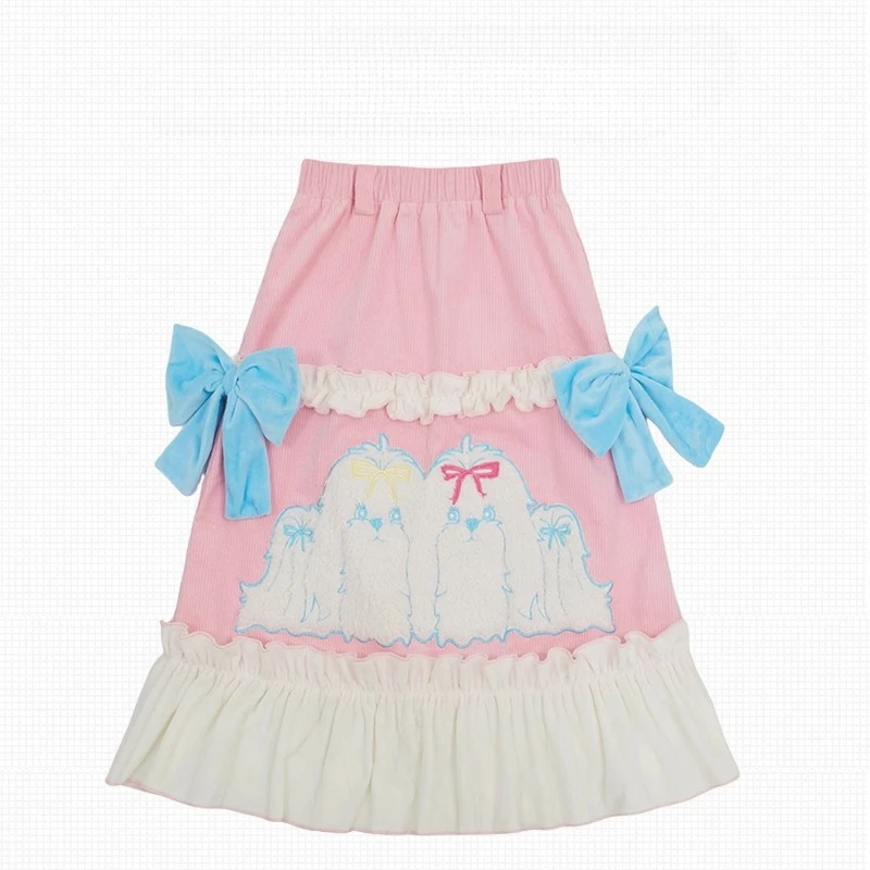 2025 Autunno Inverno Nuova stampa animalier Velluto a coste Rosa Gonna lunga da donna Design giapponese Dolce e carino Fiocco in pizzo Splicing Gonne Donna