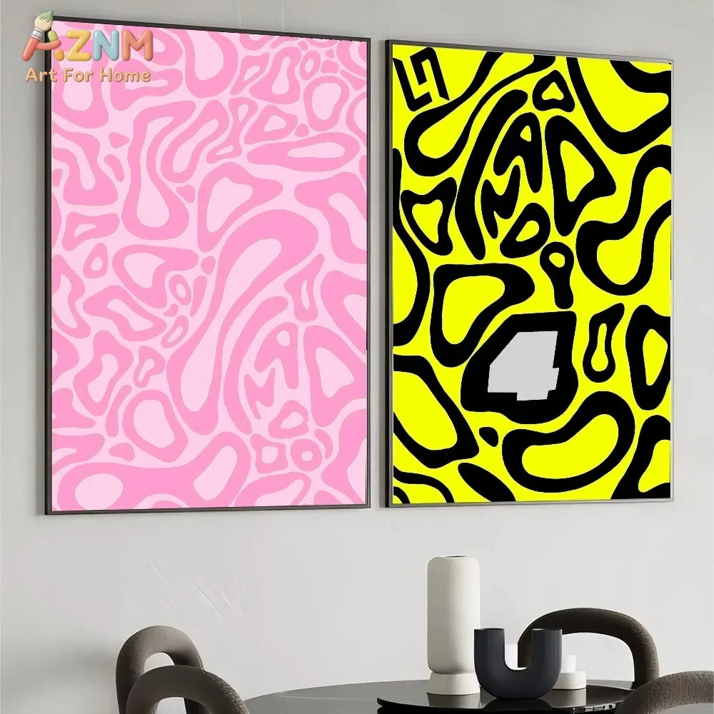 AZNM Unframed Abstract Wavy Swirl Canvas Wall Art, Modern Neon Pink Green Yellow Geometric Print, Maximalist Liquid Pattern Post