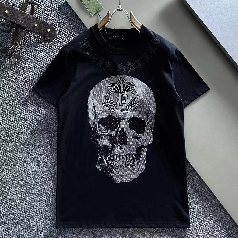 Alex Plein Skulls Rhinestones Crystals Streetwear Men\'s Fashion Clothing 2023 Summer RoundNeck Shortsleeve Tshirt Luxuary Cotton