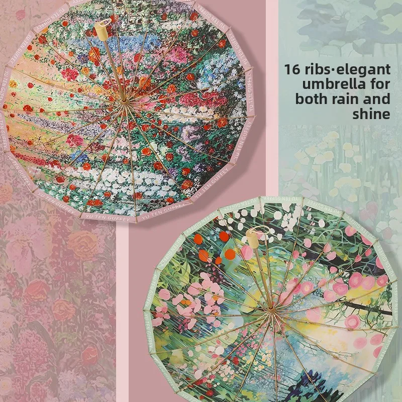 

16K 3-кратный винтажный зонт для масляной живописи-UPF50 + зонтик двойного назначения от солнца и дождя, складной зонт с защитой от ультрафиолета с цветным покрытием для женщин