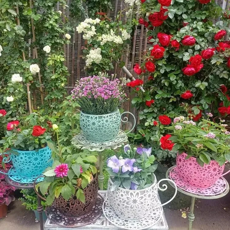 

Outdoor Wrought Iron Teacup Shape Flower Pot Accessories Villa Garden balcony Table Ornaments Crafts Courtyard Items Decoration
