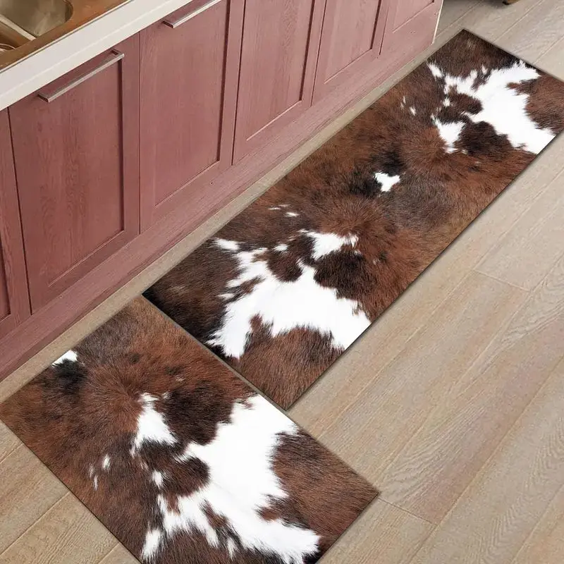 VIKAMA 1/2Pcs Western Cow Print Anti‑Slip Kitchen Rug Faux Cowhide Floor Mat Entrance Hallway Doormat Indoor Home Decoration