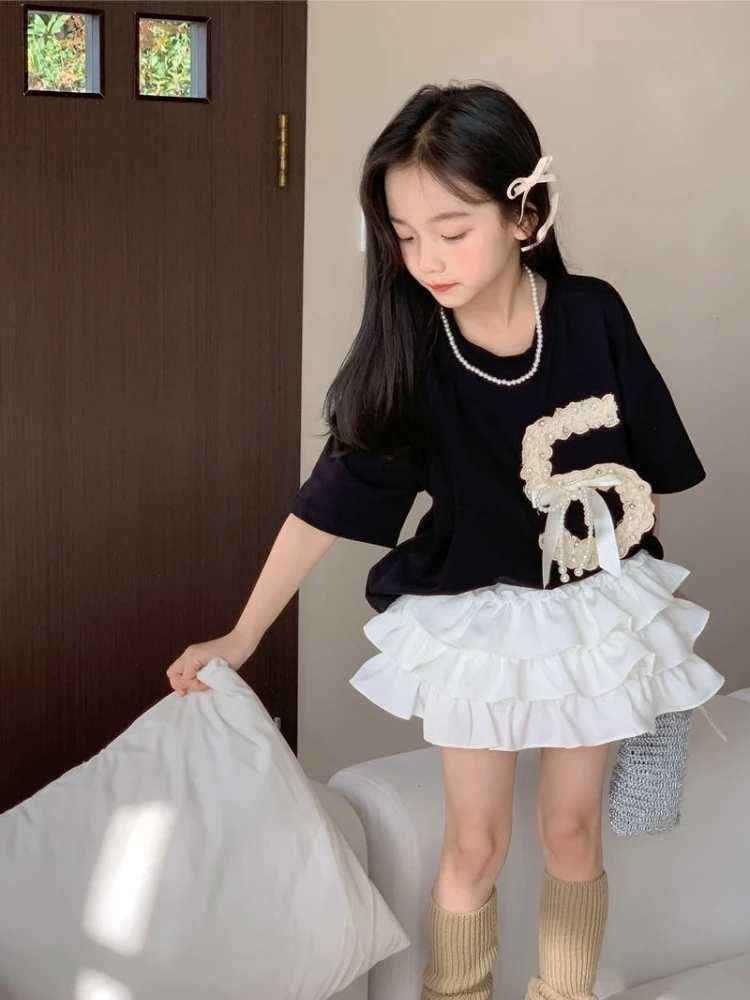 Girls' 2026 Summer T-Shirt Korean Fashion Casual Top for Big Kids Short Sleeve Heavy Craft Design Breathable Tee