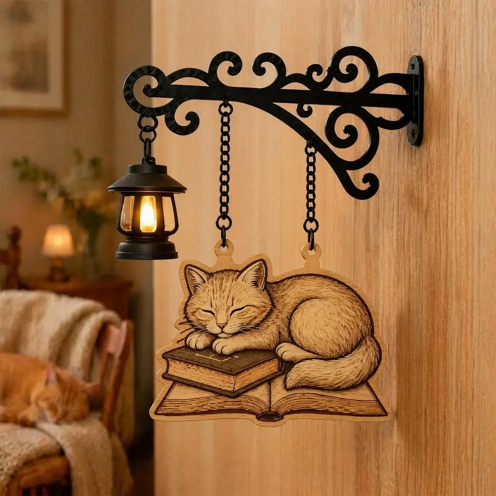 Vintage Iron Ambient Light Vintage Bookshelf Light with Sleeping Cat Design Retro Lantern Lamp for Reading Decorative Led Study