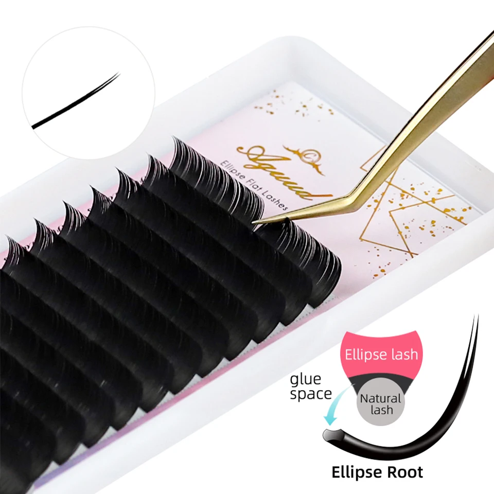 AGUUD Matte Flat Lashes Split Tips Ellipse False Individual Mink Eyelash Cashmere Lash Extension Dark Black Flat Ellipse Eyelash