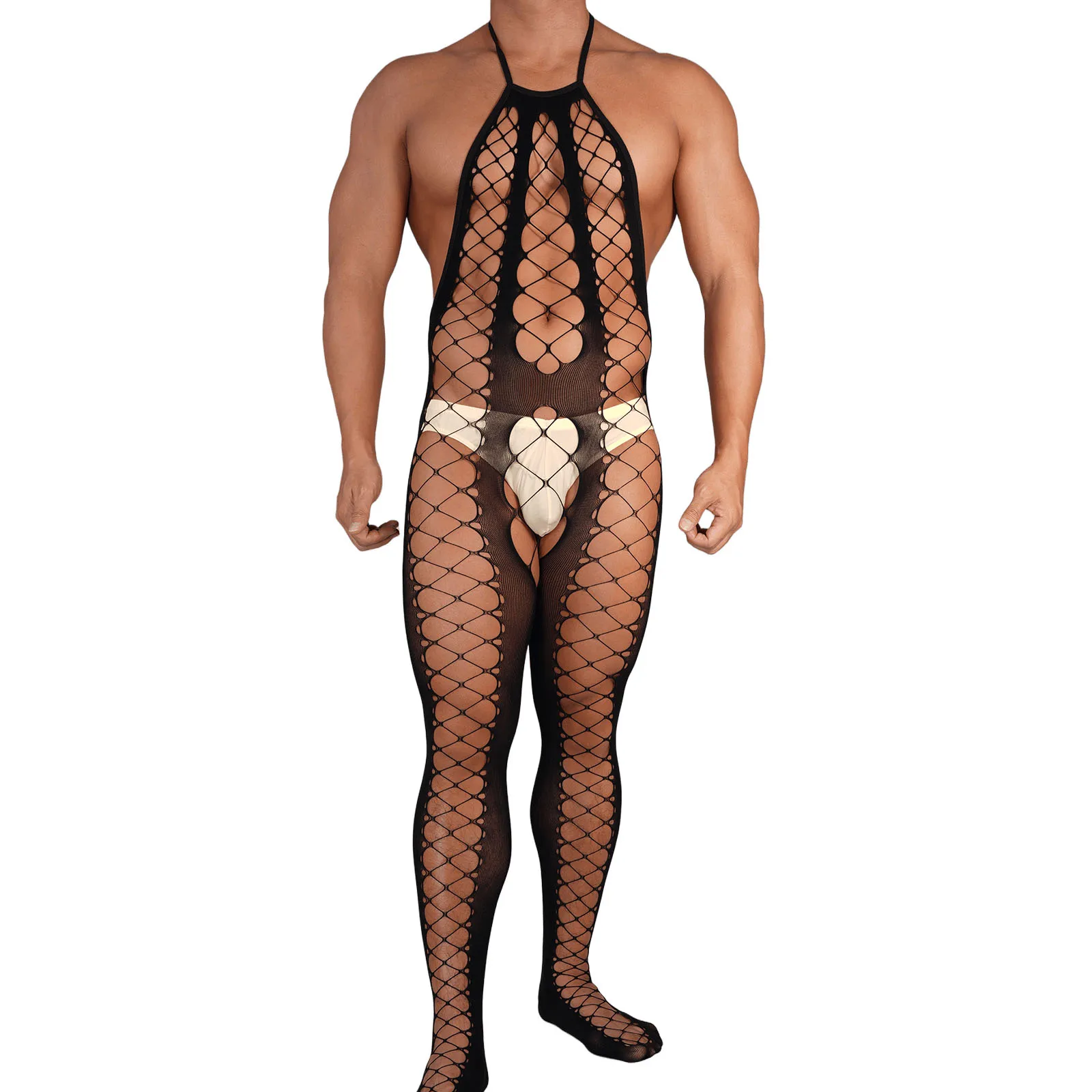 

Erotic Jumpsuit Mesh Hollow Fishnet Bare Back Perspective Thin Pantyhose Jumpsuit Intimate Sexy Underwear Crossdress Costume