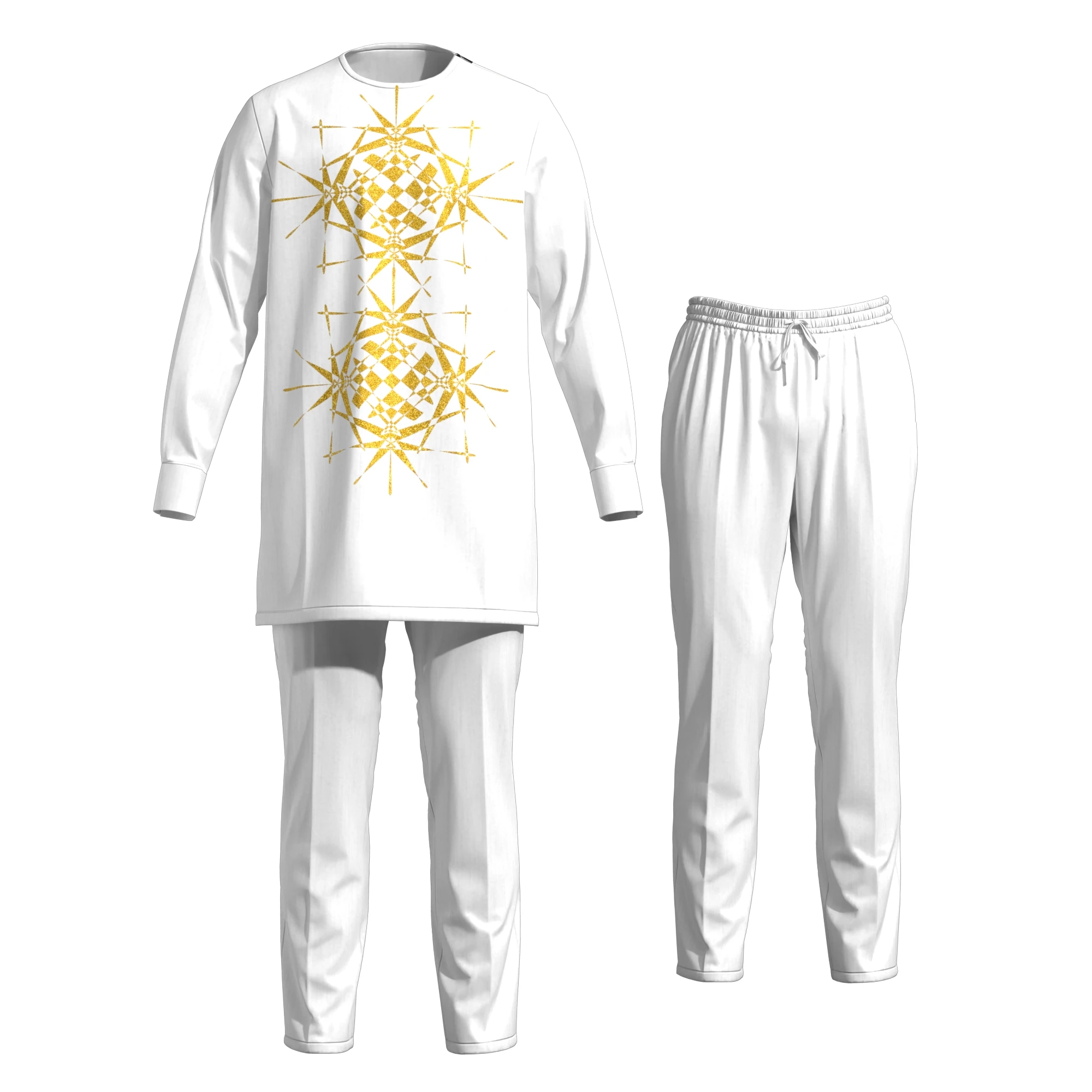 

African Men Boubou Dashiki Men Suits 2 Pieces Set Long Sleeve Shirt and Troursers Gold and Sliver Print WYN1588-2