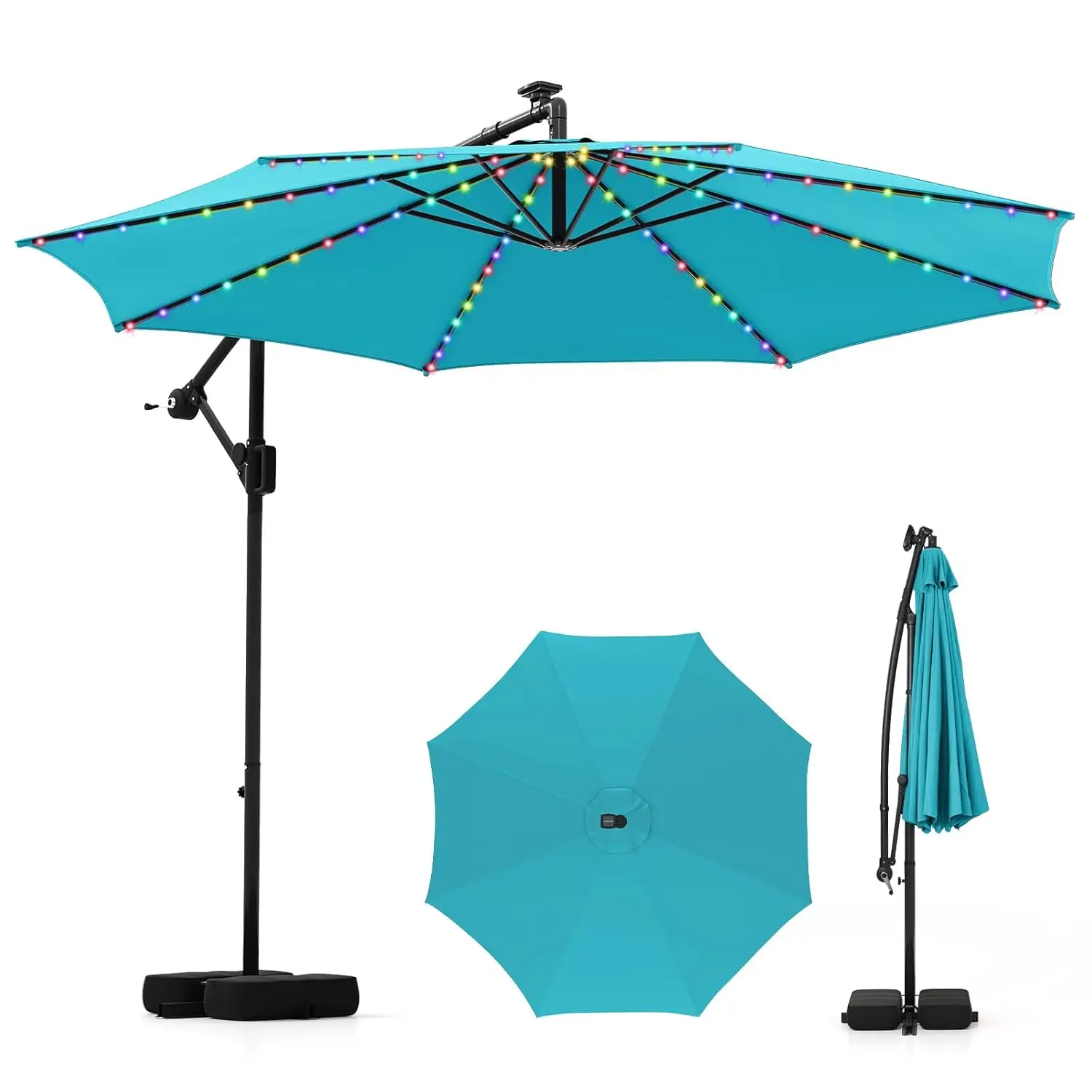 

Зонт для патио на солнечных батареях 3 м (10 футов) с основанием в комплекте, консольный уличный зонт с 96 разноцветными светодиодами, настраиваемый