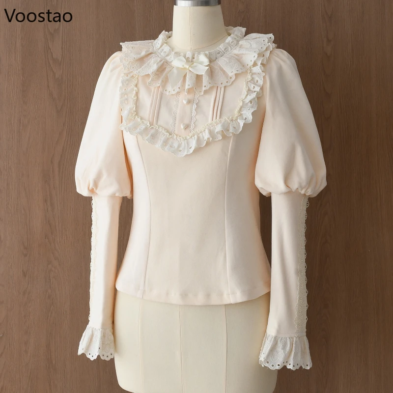 Japanese Gothic Y2k Lolita Style Blouse Women Vintage Elegant Lace Ruffles Gigot Sleeve Shirts Female Victorian Sweet Y2k Tops