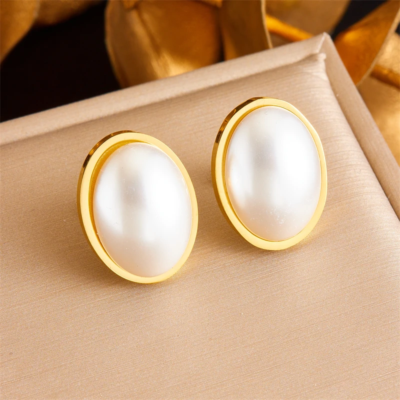 DIEYURO 316L Stainless Steel Large Oval Pearl Stud Earrings For Women Fashion New Ear Jewelry Lady Gift Party серьги женские