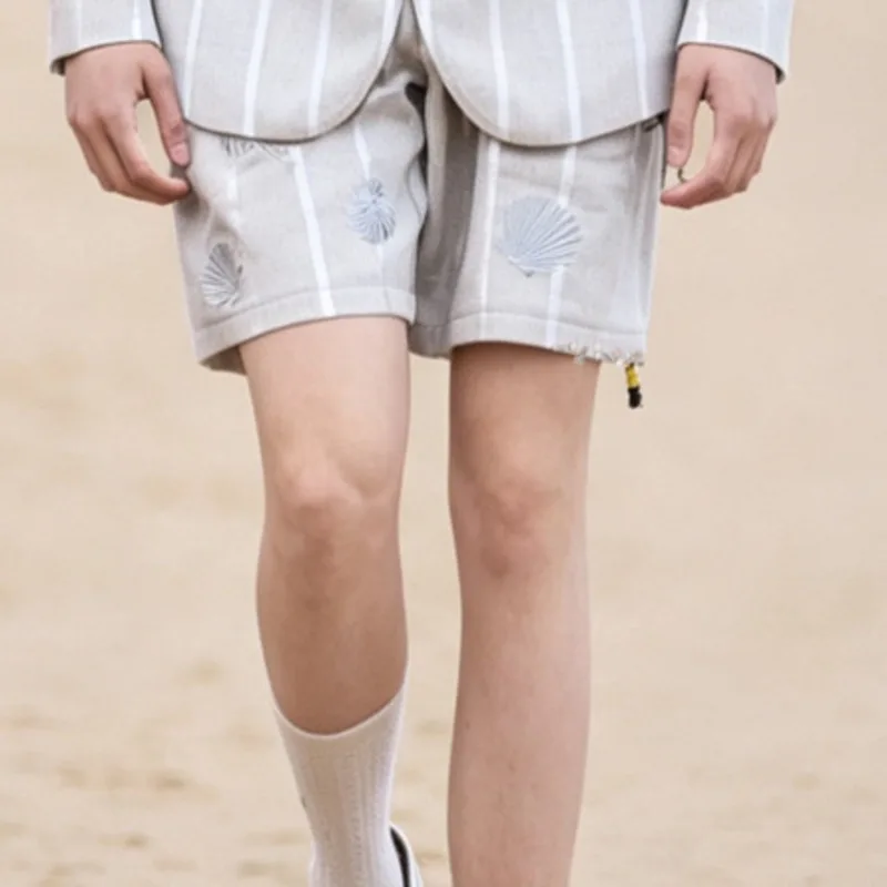 WVGA Summer New Men Y2K French Retro Resort Style Shell Embroidered Trendy Striped Shorts Niche Casual Short Trousers Ins W24990