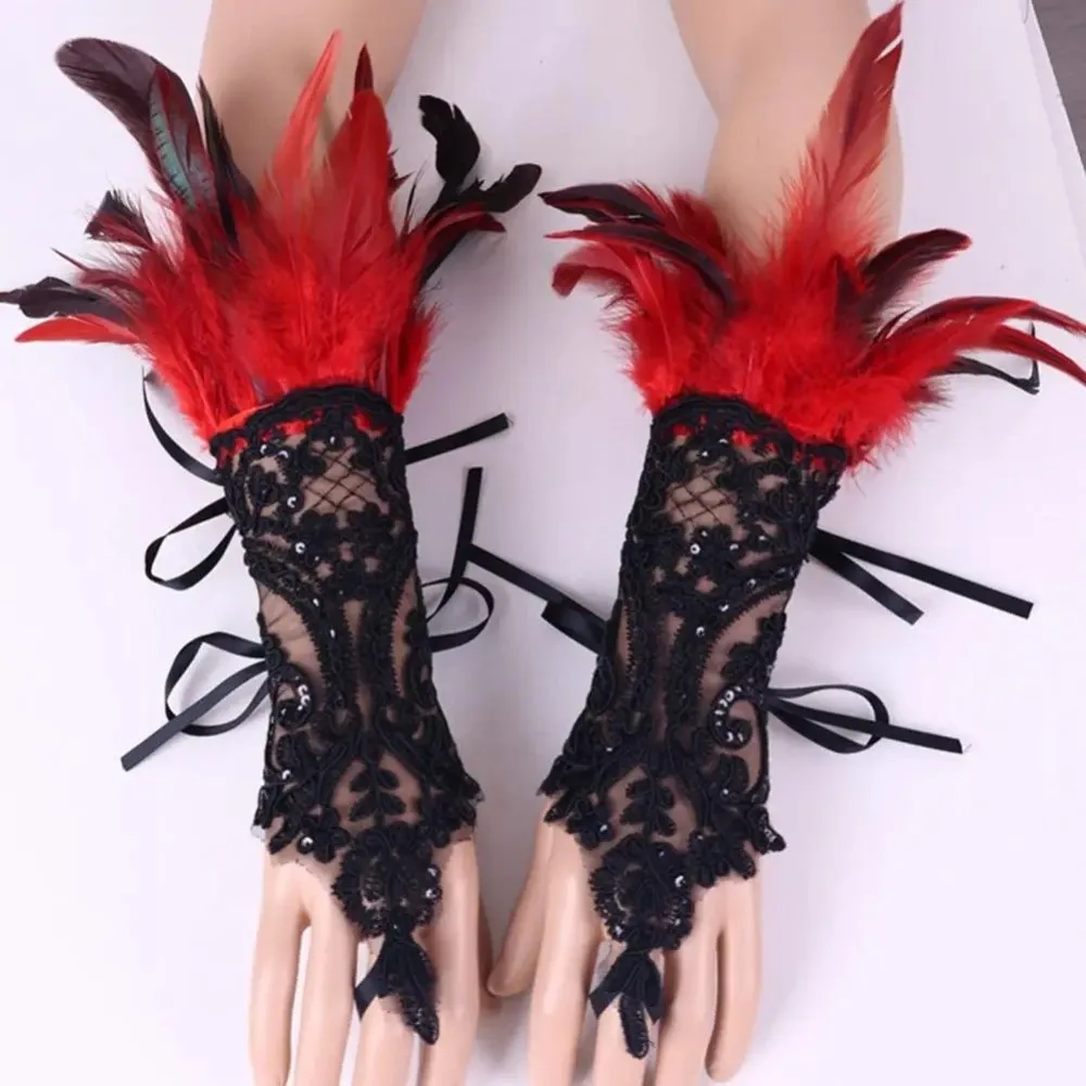 Retro Halloween Feder Handschuhe Gothic Stickerei Pailletten Feder Spitze Handschuhe Manschetten Armband Frauen Halloween Arm Ärmel Ball