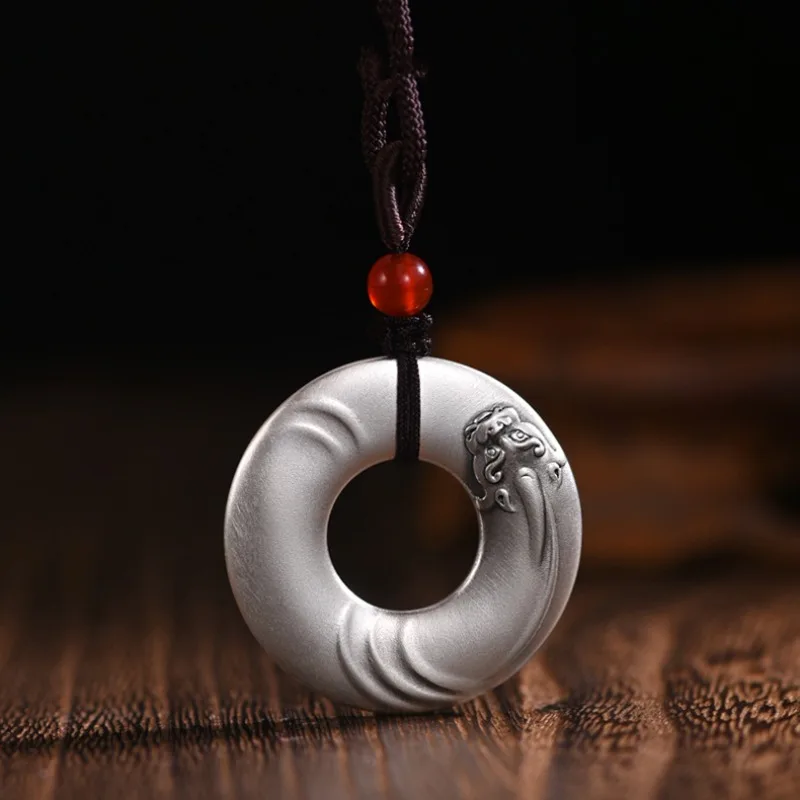 Simple glossy silver 925 Chinese style Divine beast Pixiu circular ring necklaces Retro solid texture pendant banquet jewelry