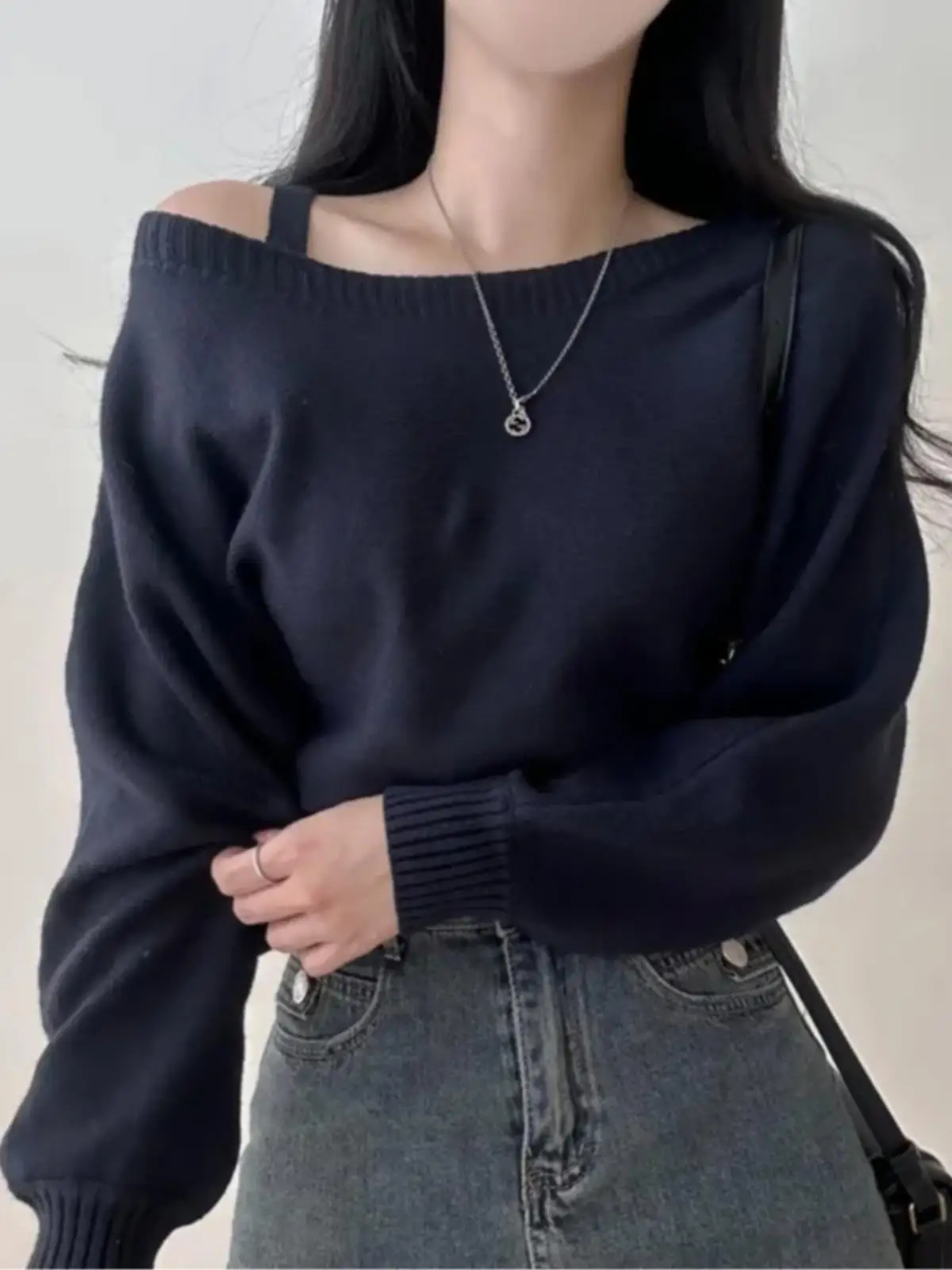 Schicker Oulder Bared Batwing Sve Winter-Strickpullover Long Sve Trendy Commuting Sle Loose Fit Strickwaren in der Länge