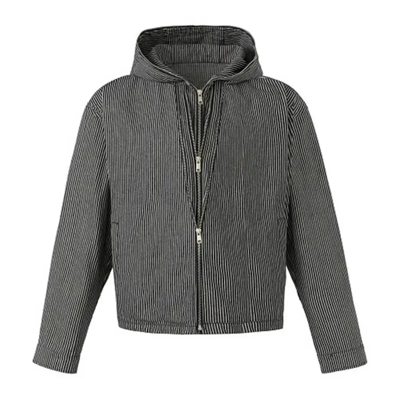 Hooded Fine Vertical Stripe Textured Double Zip Sweatshirt Men‘s Niche American Vintage Long Sleeve Casual Coats FCA2