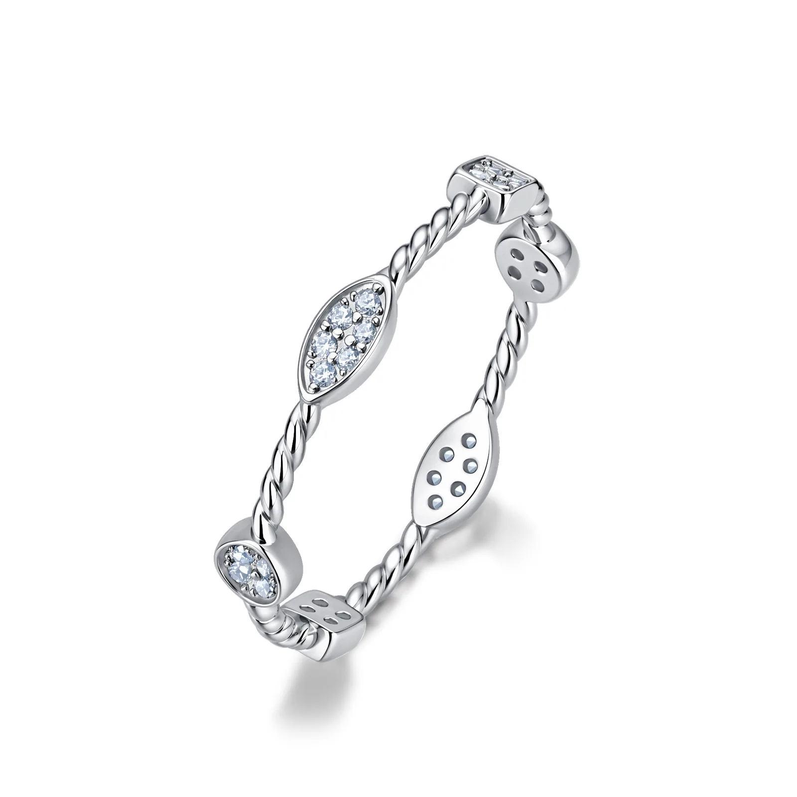 S925 Sterling Silver Twisted Band Fixed Size Ring 0.14CTW Gemstone 18K Plated Stackable Jewelry for Women Gold & Silver Tone