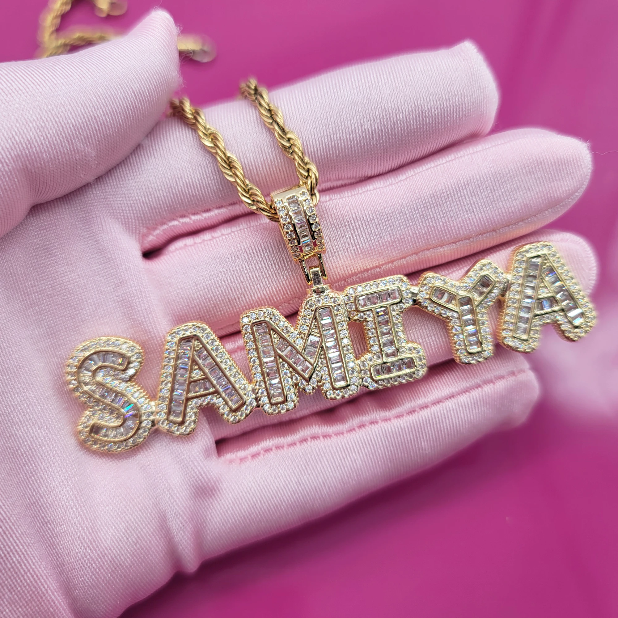 Personalised Icy Baguette Zircon Letters Pendant with Stainless Steel Rope Chain Men's Hip Hop Necklace Jewelry Gifts for Him