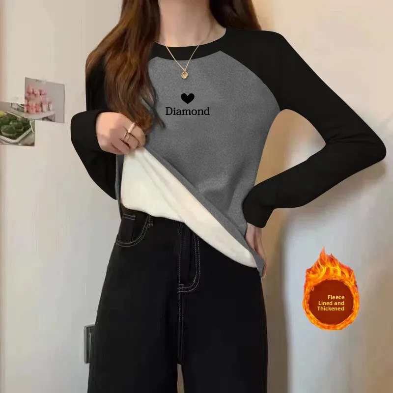 Long Sleeve Fleece Lined round Neck T-Shirt Women's Autumn Winter Fashion Anti Aging Simple Style Shoulder Fit T-Shirt