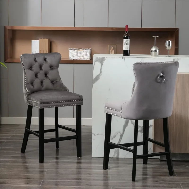 Counter Height Bar Stools Set of 2, Velvet Upholstered Barstools with Solid Wood Legs, Button Tufted and Nailheads Trim