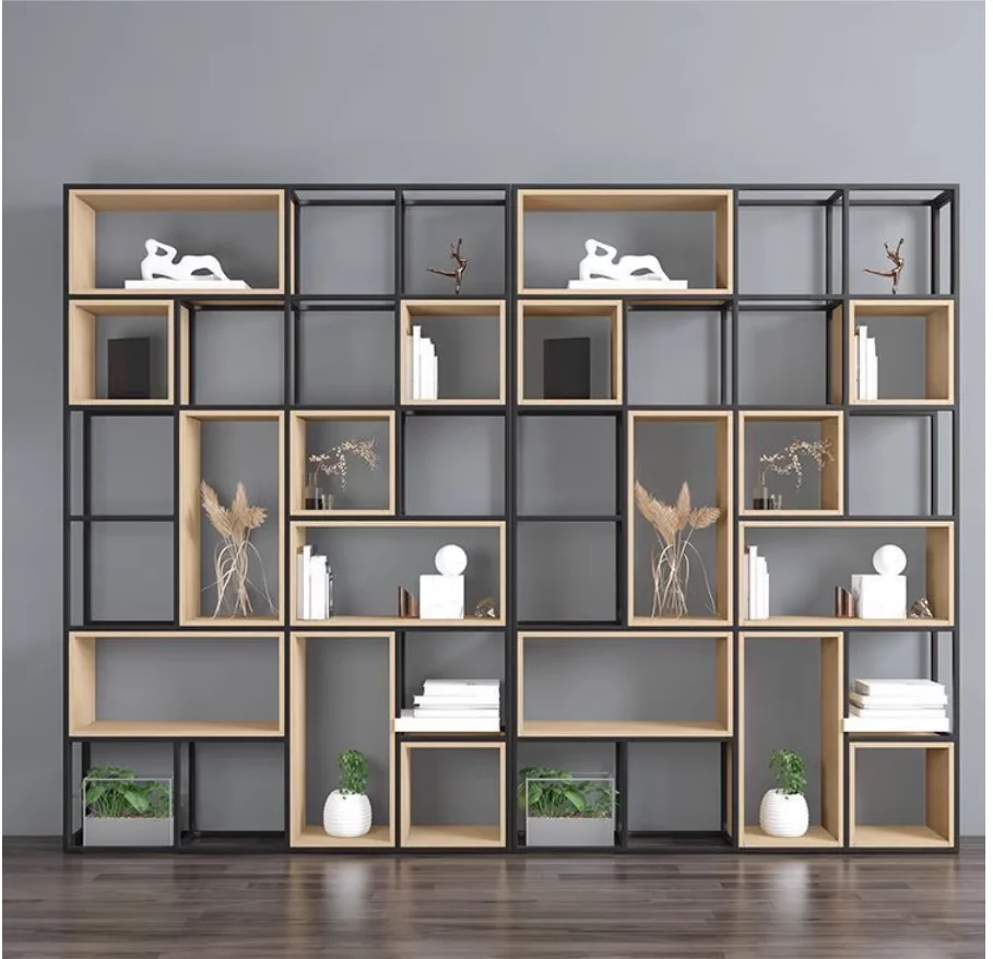 Iron bookshelf floor steel wood living room multi-layer storage grid shelf office partition flower shelf display shelf