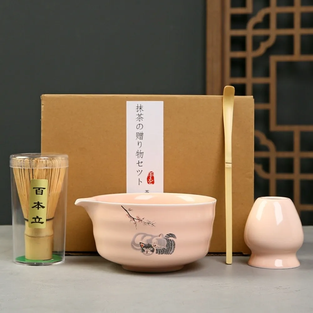 

4PCS Ceramic Bamboo Japanese Matcha Tea Set Matcha Whisk Holder Reusable Matcha Making Kit Matcha Bowl Whisk Teaspoon Tea Sets