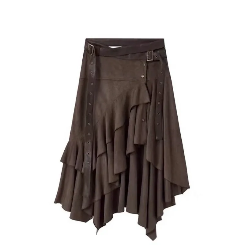 

Весенняя юбка 2026 в богемном стиле из замши с асимметричным подолом, винтажная повседневная юбка с нестандартным кроем и кожаным поясом для женщин