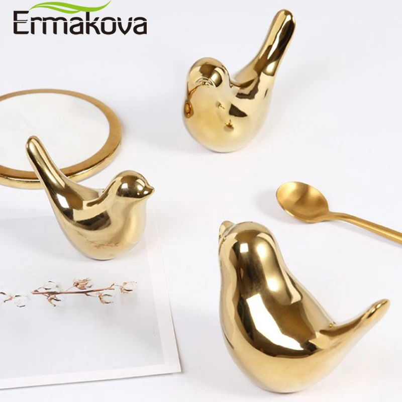 ERMAKOVA Bird Figurine 4 Sizes Nordic Ceramic Gold Animal Statue jewelry Home Decoration Living Room Table Decoration