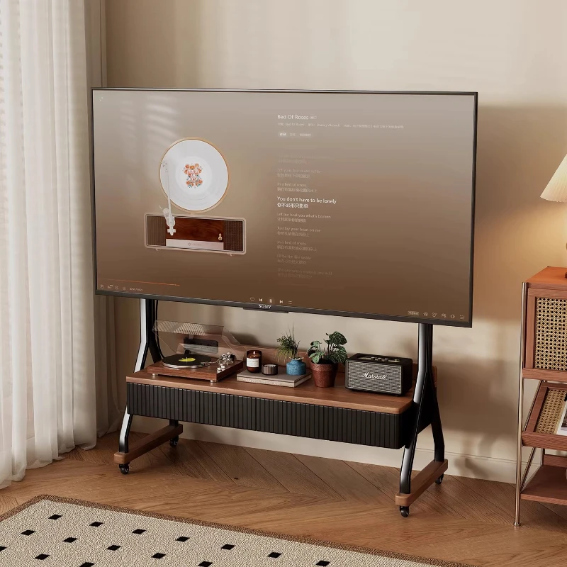 Solid wood removable TV cabinet household small apartment living room bedroom storage integrated wheeled TV bracket
