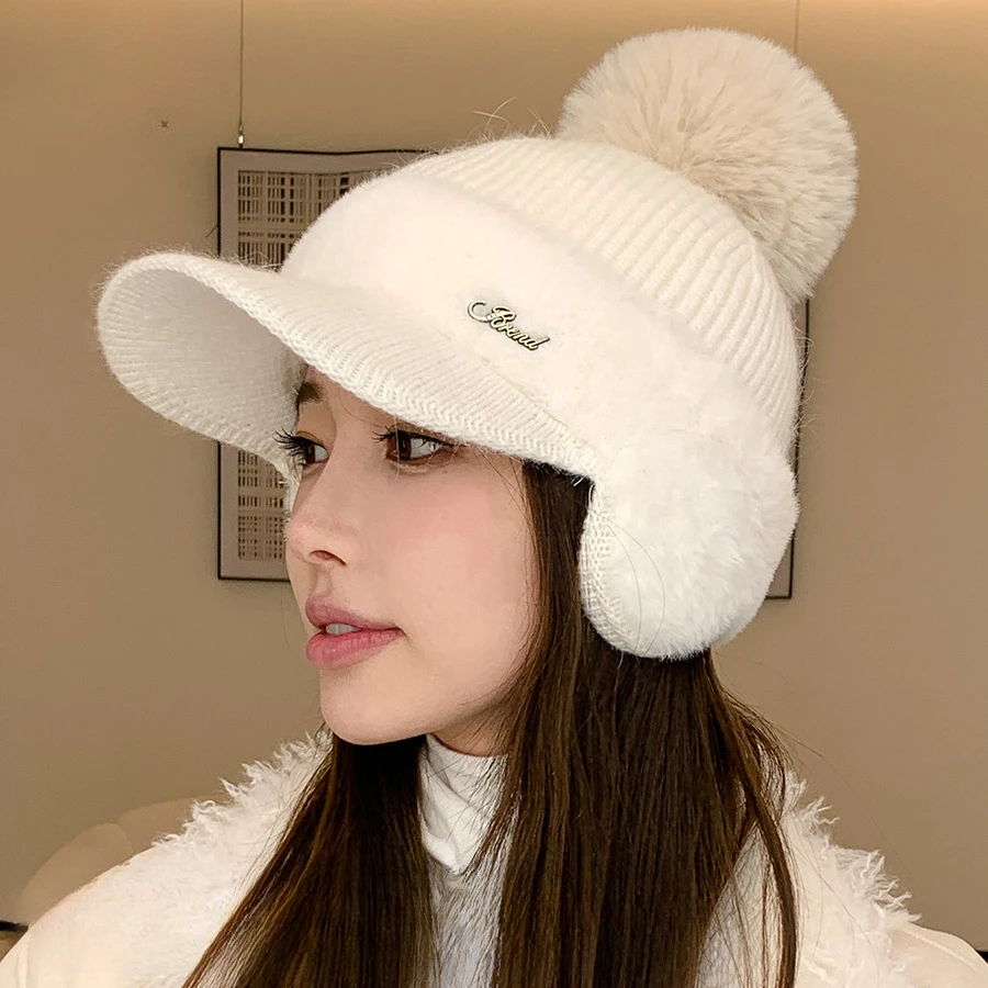 Rabbit Fur Knitted Baseball Cap Women Winter Hats Baseball Autumn Winter Ear Protection CapTo Keep Warm Baseball Hats image 2